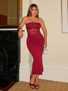 Maria Perezxox Elegant French Lace Strapless Minimalist Chic High-End Slim Fit Dress For Women - Red - View 5