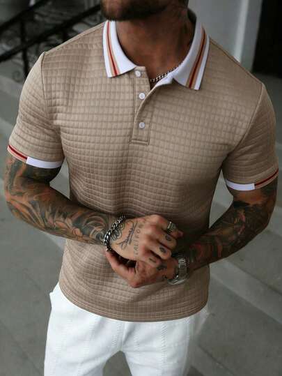 EGENSIO Camisa polo de hombre con cuello de canalé, textura de jacquard de unicolor y 3 botones