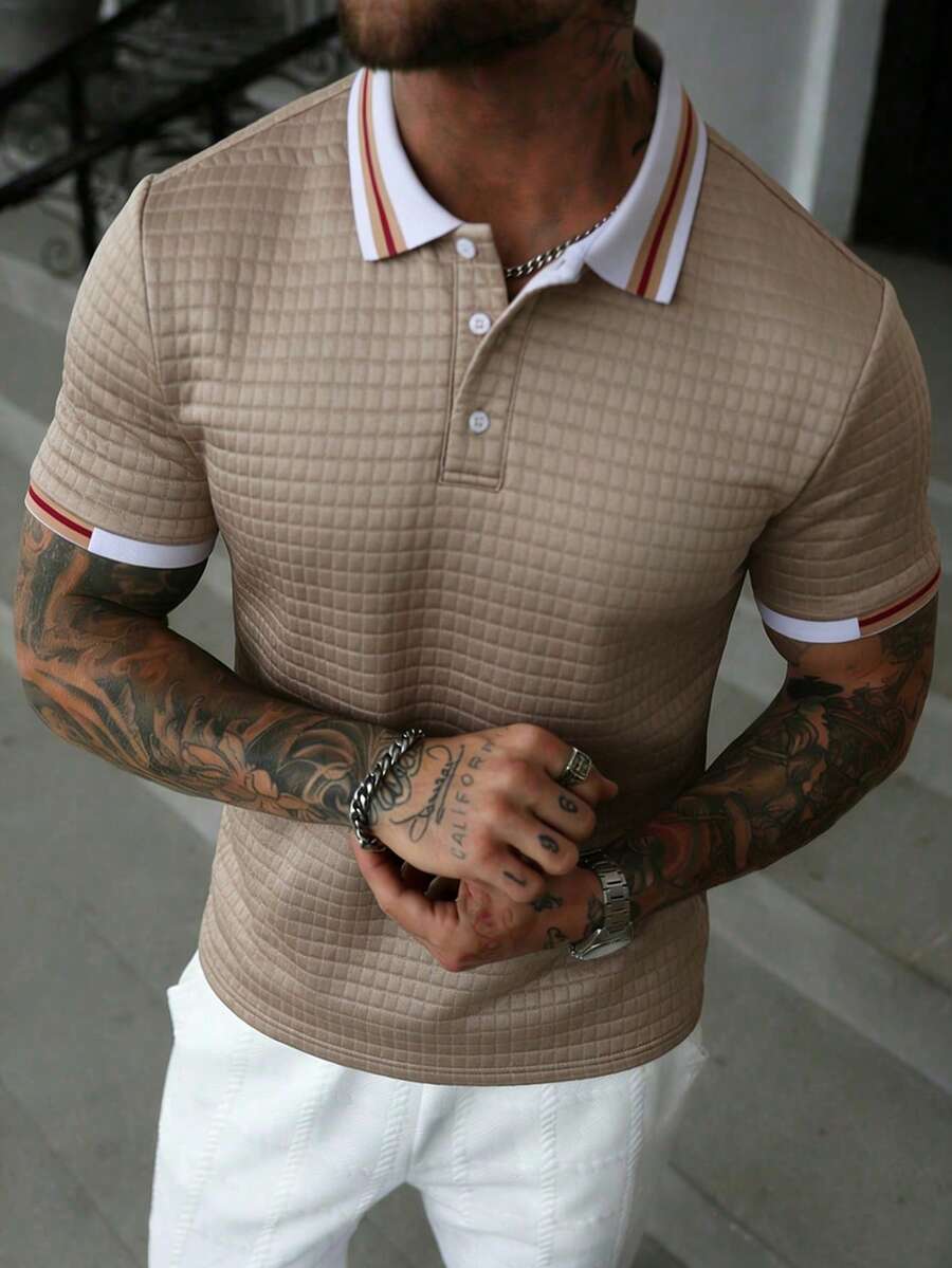 EGENSIO Áo Polo nam dệt kim jacquard màu trơn, cổ áo gân nổi, 3 nút. - Màu Khaki - Xem 1