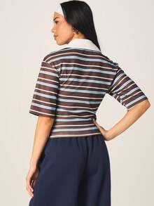 MISSGUIDED Women's Retro Striped Polo Shirt Short Sleeve Collared Button Up Casual Spring Summer Top - Multicolor - View 3