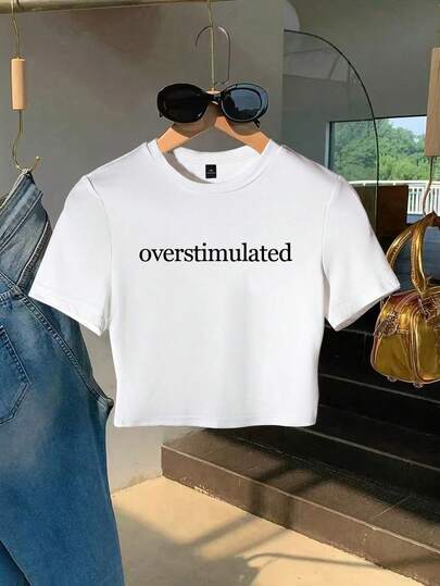 DrmWander Plus Size Women's Minimalist English Letter Print Casual Crop Top Tee, Slim Fit