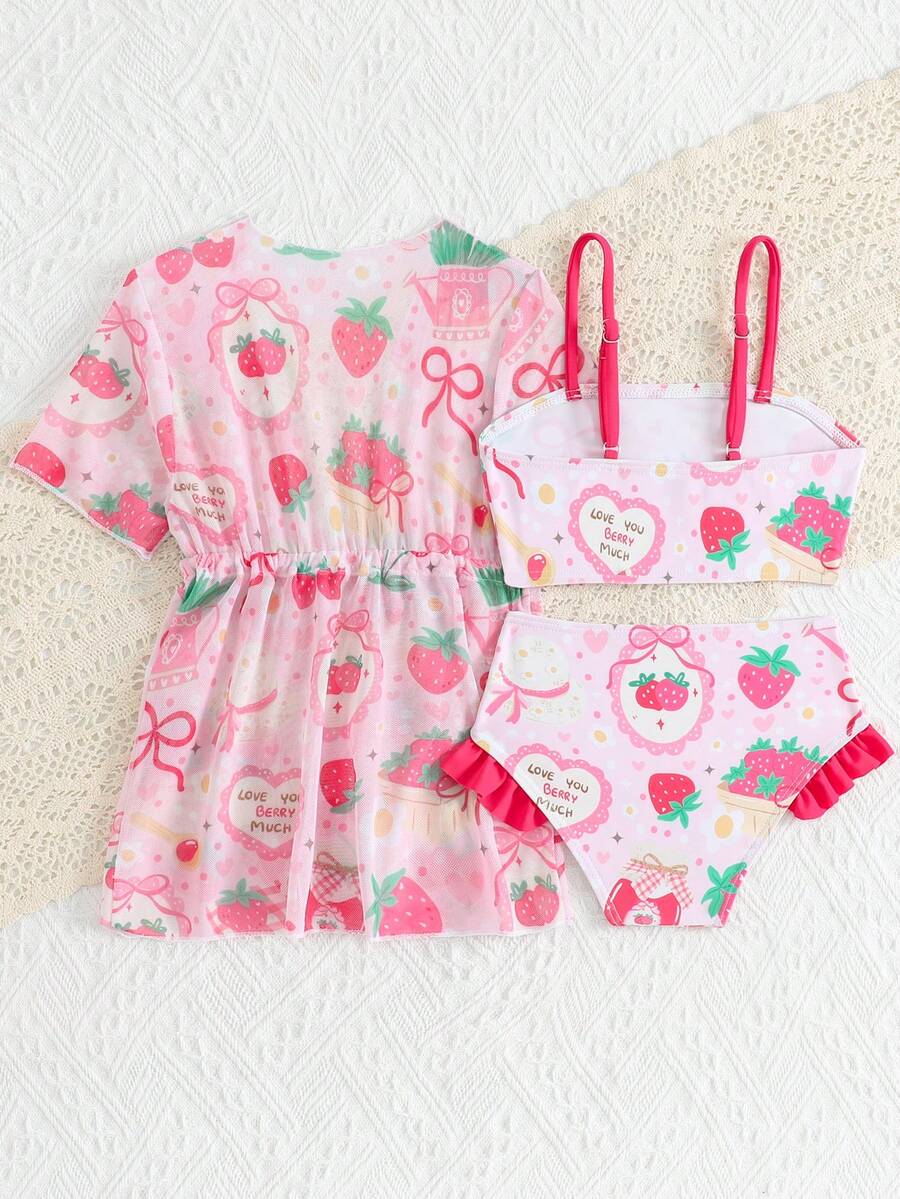 SHEIN 3件套女婴甜美糖果弹力速干舒适针织泳衣套装,适合游泳池、海滩、冲浪、度假、夏季旅行。草莓泳衣,女婴沙滩装,女婴草莓印花泳衣,女婴泳衣3件套,女婴草莓泳装,女婴粉色沙滩裙,女婴短袖连体泳衣,女婴服装,草莓水果连衣裙,夏季女婴服装,草莓连体衣,女婴服装。 - 粉色 - 查看 1