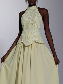 Elitara 优雅奢华亮片弹力蕾丝缎面雪纺褶皱连衣裙，适合婚礼、派对、度假、舞会、晚礼服 - 黃色 - 查看 2