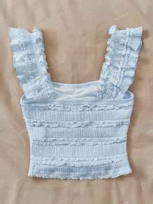 Kids TEEN GIRL Summer Blue Vacation Cap Sleeve Lace Top, Textured Fitted Lace Top, Suitable For Afternoon Tea, Beach Vacation Light Blue Top Teen Teen Ruffle Top Textures Crop Top Summer Tops Textures Crop Top Boack For Tweens Summer Tops Squishy - Dusty Blue - View 6