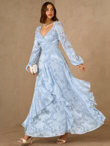 Enchnt Spring/Summer Romantic Women's Baby Blue Jacquard Ruffle Hem Long Sleeve Maxi Dress,Sweet&Elegant For Party&Prom&Vacation&Date&Holiday&Going Out&Valentine's Day,Spring Outfit Women - Blue - View 5