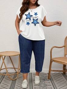EMERY ROSE Casual Nautical Style Blue Star & Letter Print Plus Size 2 Pieces Set, Suitable For Summer Vacation - Multicolor - View 5