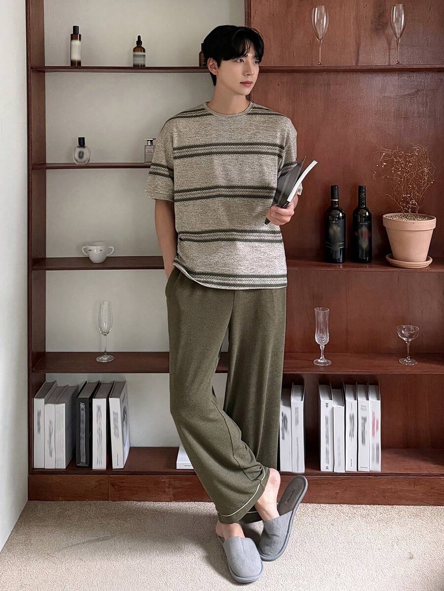 DAZY 男士純色與條紋T恤搭配純色鬆緊腰長褲休閒居家套裝,春夏睡衣 - 彩色 - 查看 1