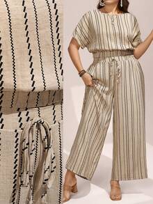 Comfylo 2pcs/Set Plus Size Striped Outfit,Round Neck Batwing Blouse & Wide Leg Pants,Beige Summer Smart Casual Vacation Drawstring Waist Co Ord Sets For Women - Multicolor - View 7