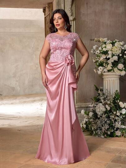 Aureia Đầm dạ hội cỡ lớn thanh lịch, lãng mạn màu hồng, cổ tròn, tay phồng, chất liệu chiffon thêu 3D tinh tế, đính sequin và phối nhiều lớp, xếp ly eo, dáng đuôi cá, thích hợp cho đám cưới, tiệc tùng, lễ kỷ niệm, sự kiện trang trọng, đầm dạ hội sang trọng (thiết kế tinh xảo).
