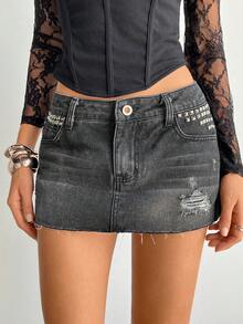 Aloruh Minifalda vaquera casual y versátil para mujer con bolsillos, botones, diseño rasgado y remaches, adecuada para uso diario - Gris Claro - Ver 5