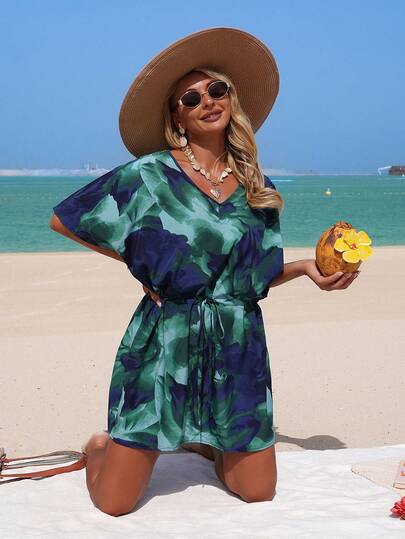 Swim Lushoire Women's Floral Print V-Neck Drawstring Tie Casual Vacation Elegant Beach Cover-Up Dress