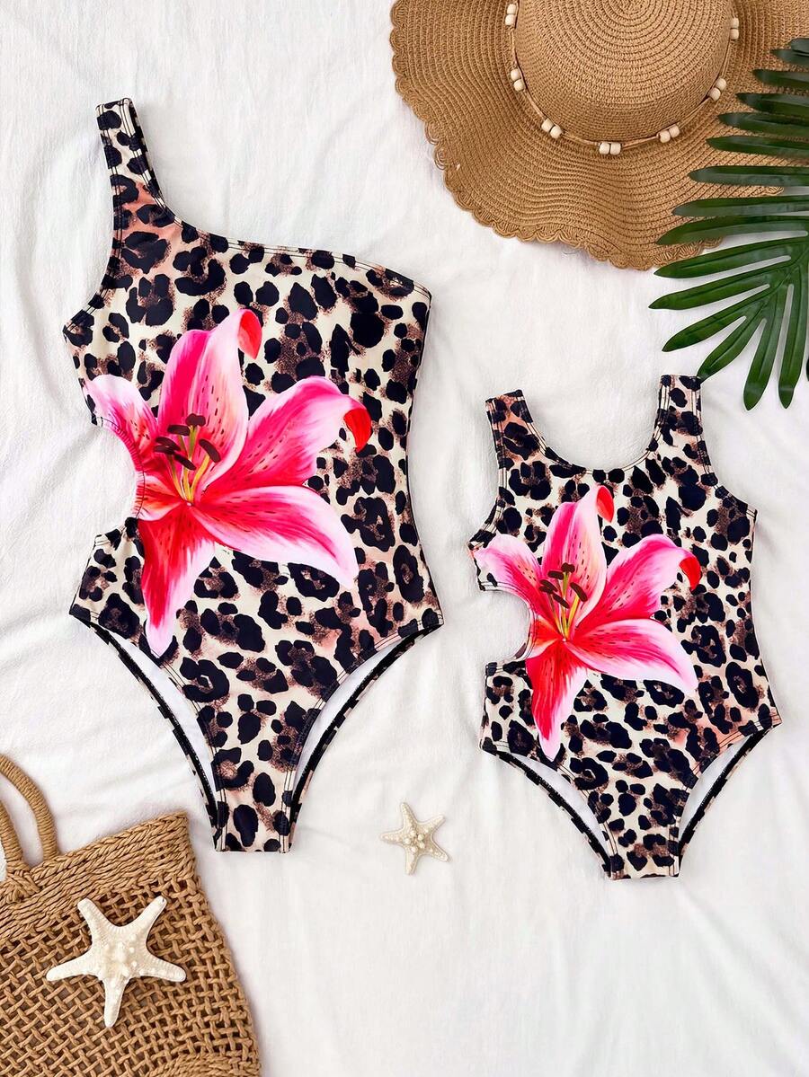 SHEIN 少女针织花卉图案吊带比基尼上衣 - 棕色 - 查看 1