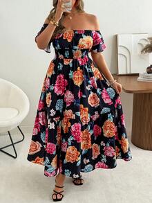 Ceyna Đầm trễ vai tay bồng bất đối xứng in hoa dành cho nữ cỡ lớn, phù hợp cho kỳ nghỉ gia đình, tụ họp bạn bè, đa năng. - Nhiều màu - Xem 6