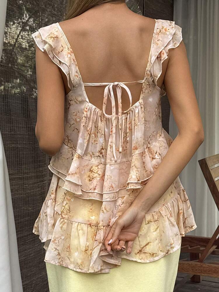 Yellow Floral Print Ruffle Hem Vacation Tank Top For Women, Suitable For Beach, Holiday, Party, Summer Babydoll Top Boho