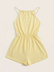 SHEIN EZwear 夏季纯色黑色宽松休闲吊带连体裤，女士短款夏季连体裤，休闲连体裤，黄色连体裤，春季连体裤，女士度假套装，女士连体裤，夏季女士套装，女士夏季服装，女士连体裤 - 鵝黃色 - 查看 4