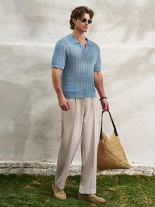 TONEVAULT Men's Solid Color Polo Collar Short Sleeve Casual Knit Top, Spring/Summer - Blue - View 3