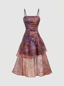 SHEIN MOD 不对称伞形欧根纱连衣裙，饰有抽象印花 - 彩色 - 查看 1