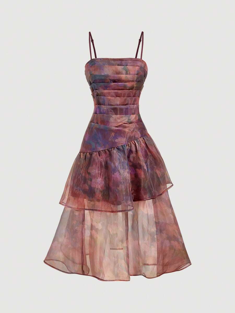 SHEIN MOD 不对称伞形欧根纱连衣裙，饰有抽象印花 - 彩色 - 查看 1