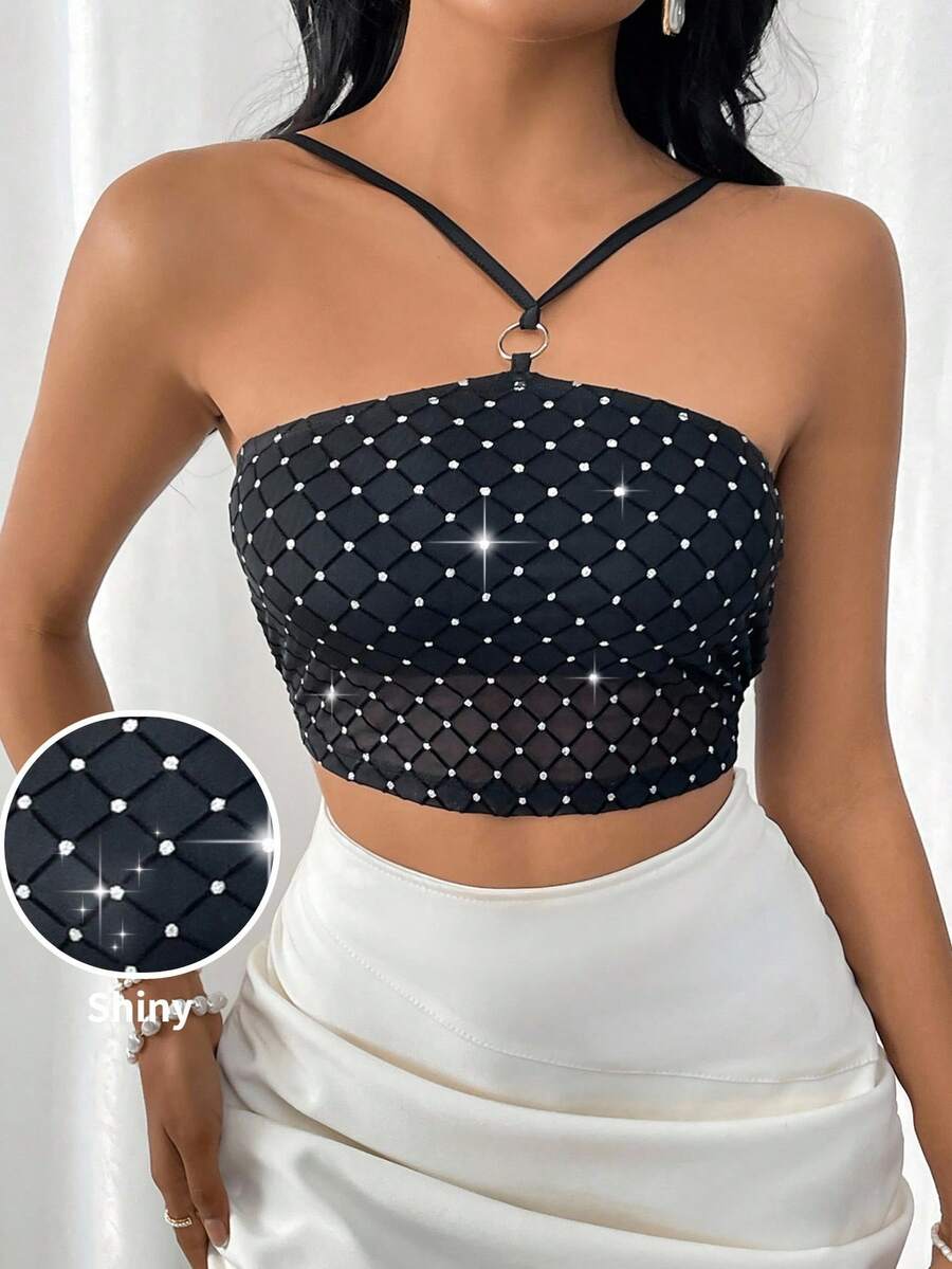 Firerie 女性閃閃發光鑽石網絡優雅性感領口背心上衣 - 黑色 - 查看 1