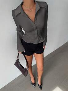 Aloruh Women's Elegant Spring/Summer Commute & Daily Wear Simple Solid White Short Sleeve Ruched Waist Long Sleeve Blouse - Grey - View 7