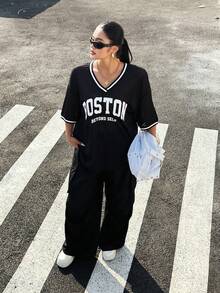Muchica 大码女式休闲时尚街头字母印花撞色滚边V领网纱透视上衣和阔腿裤两件套，春夏秋季 - 黑與白 - 查看 3
