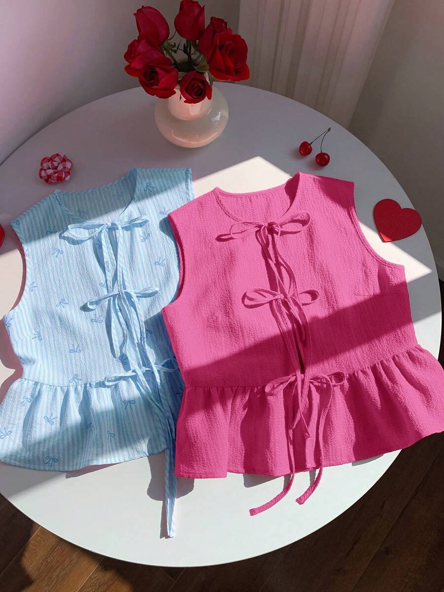 Comfortcana 2pcs Women's Summer Vacation Fuchsia & Blue Striped Tie Front Sleeveless Blouse Set - Multicolor - View 1