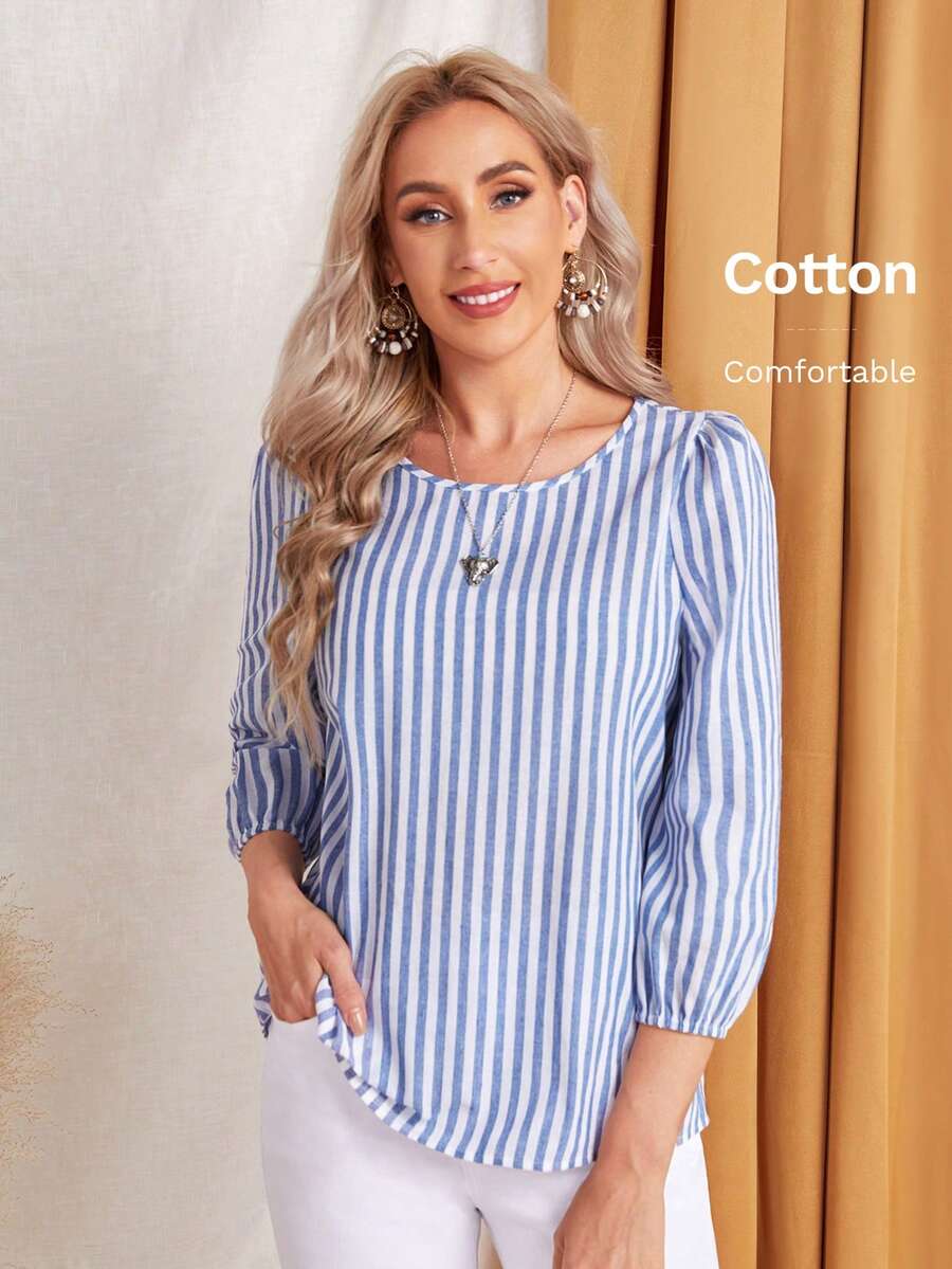 EMERY ROSE Striped Print Round Neck Blouse,Three Quarter Sleeve Tops - Blue and White - View 1