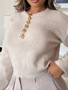 Maria Perezxox Women's Casual Solid Color Round Neck Metal Button Half-Placket Long Sleeve Sweater, Fashionable For Autumn/Winter, Airport And Daily Wear, New Year, Christmas - Apricot - View 6