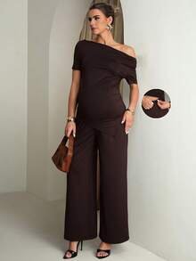 MaterniChic Maternity Clothes Maternity Co Ord Summer Pregnant Clothes Brown Two-Piece Set Highly Elastic  Elegant - Brown - View 3