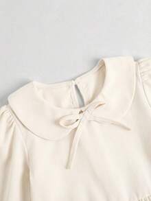 SHEIN 青少年女孩純色彼得潘領泡泡袖收腰蝴蝶結洋裝 - 杏色 - 查看 4