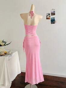 Soleia 新款度假西部海滩婚礼宾客礼服，毕业早午餐，圣帕特里克节，春假，复活节，音乐节优雅波西米亚热带风情无肩带无袖蓝色网纱荷叶边两件套 - 藕粉色 - 查看 2