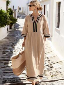 Breezaya 女士V领褶皱休闲度假日常连衣裙 - 杏色 - 查看 4