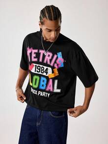 Tetris™ X SHEIN Men's Round Neck Letter & Number Print Casual Versatile Daily Wear Short Sleeve T-Shirt - Black - View 4