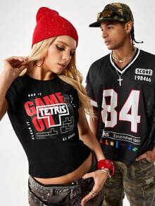 Tetris™ X SHEIN Women's Letter Print Round Neck Short Sleeve Casual Versatile T-Shirt, - Black - View 3