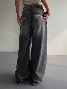 DAZY Quần jeans nữ ống đứng dáng rộng, cạp thường, phong cách đường phố thường ngày. - Xám - Xem 4