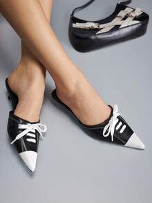 CUCCOO GRLICON Giày cao gót mũi nhọn buộc dây hở gót màu đen trắng, kiểu dáng thập niên 2000, thời trang Y2K, thích hợp cho mùa xuân, mùa hè và kỳ nghỉ. - màu đen - Xem 2