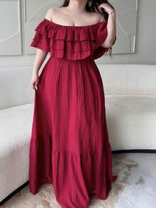 Plus Size Off Shoulder Ruffle Sleeve Three-Tier Ruffle Elegant Vintage Cute Casual Holiday A-Line Dress, Wine Red - Red - View 4