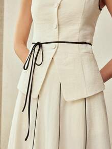 MOTF PREMIUM 2PCS SET: CONTRAST TRIM SLEEVELESS TOP AND CONTRAST TRIM SKIRT, CLASSIC ELEGANT OFFICE WEAR, SPRING/SUMMER - Beige - View 2