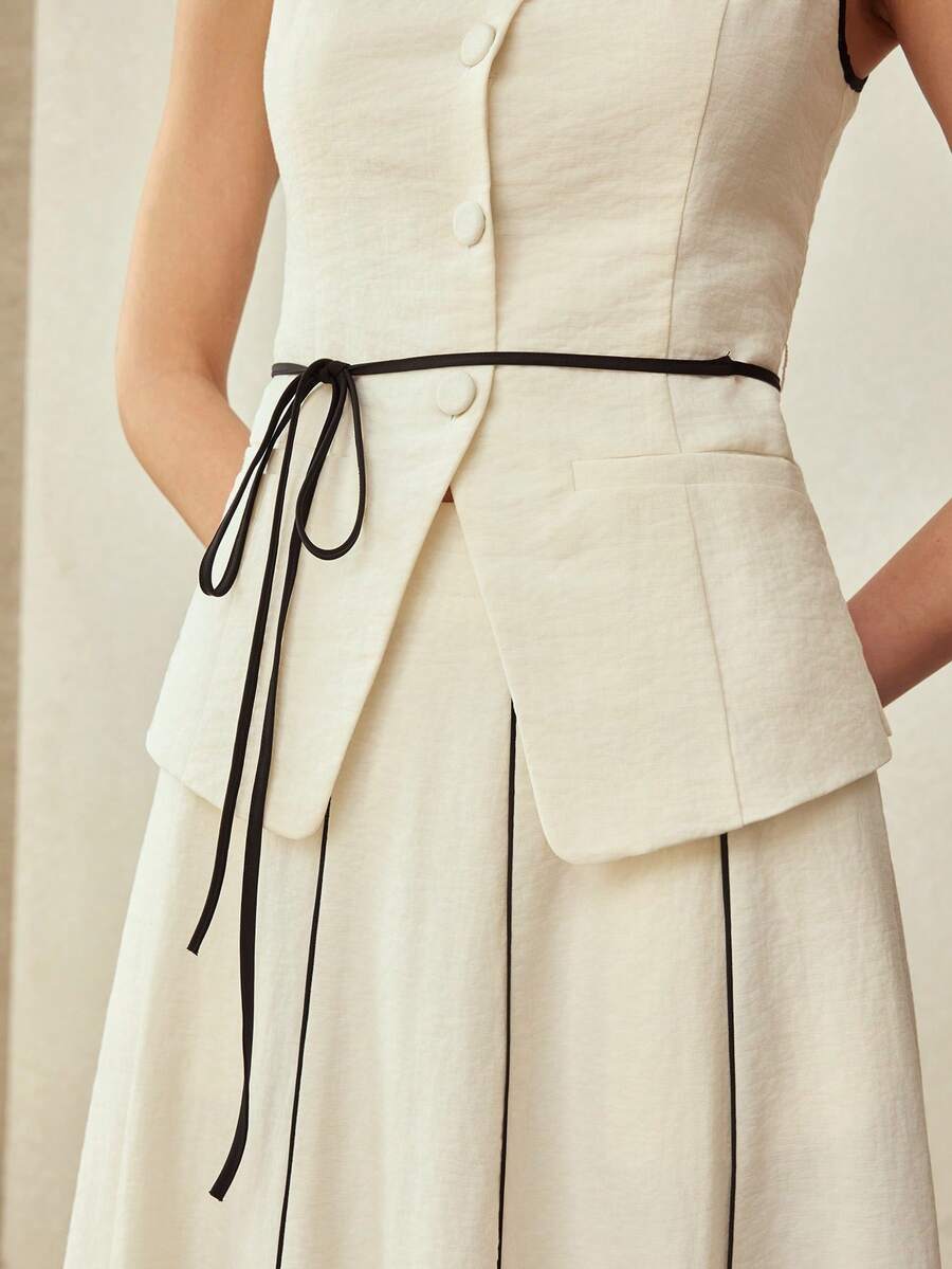 MOTF PREMIUM 2PCS SET: CONTRAST TRIM SLEEVELESS TOP AND CONTRAST TRIM SKIRT, CLASSIC ELEGANT OFFICE WEAR, SPRING/SUMMER - Beige - View 2