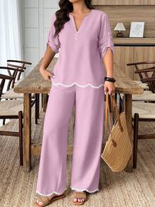 Weeklong Plus Size Women's Spring/Summer Arched Color Block Ruffle Trim 2 Pieces Set Fall - Dusty Pink - View 6