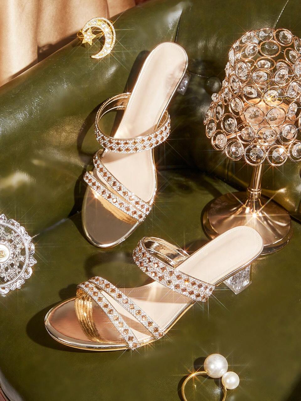 CUCCOO TILAWA Women's Round Toe Patent Leather Gold Rhinestone Strip Decoration Spring And Summer New Fashion Gorgeous Wear Thick Heel High Heel Sandals