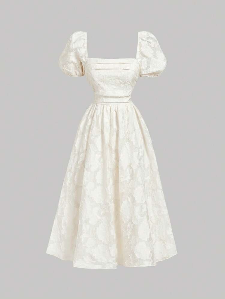 SHEIN MOD Vestido de longitud media con cuello cuadrado, mangas con textura de pétalos calados y color albaricoque - Albaricoque - Añade 3