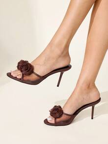 CUCCOO CHICEST 女士鞋履 春夏网面拼接立体花朵装饰露趾细高跟鞋，法式复古风，女士高跟凉鞋，居家穿着，约会，下午茶，购物派对，节日礼物 - 咖啡棕 - 查看 1