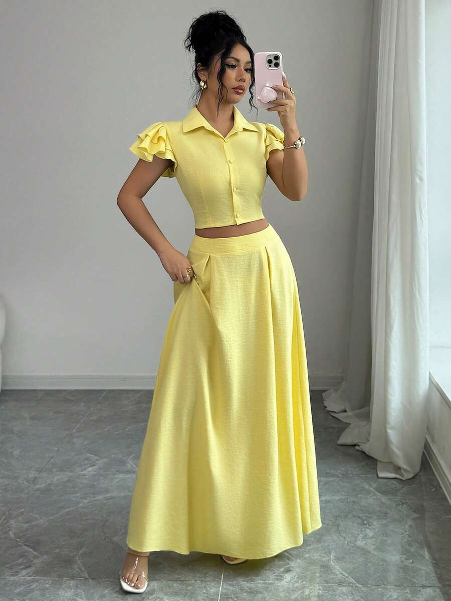 SHEIN Elenzya 优雅浪漫度假风及职业女性衬衫+中长裙两件套 - 黃色 - 查看 1