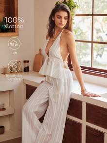 Lullawish Bộ đồ ngủ hở lưng kiểu Bohemian với dây đeo mảnh dành cho nữ. - trắng - Xem 3
