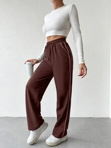 EURMUSE Women's Elastic Waist Drawstring Side Stripe Straight Loose Sweatpants - Brown - View 5