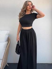 Jeta Ari 夏季實色修身短款T恤和褶皺寬腿褲 - 黑色 - 查看 6