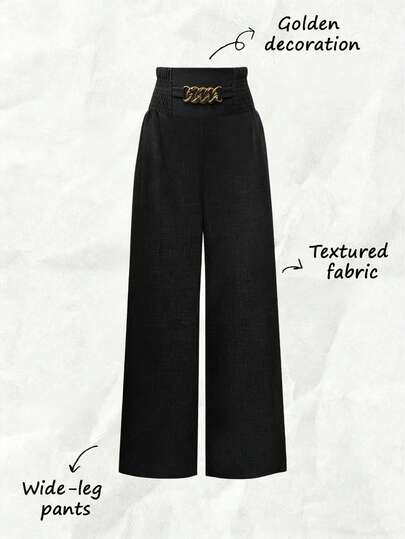 Franclia 女士休闲金属链条宽松阔腿裤，亚麻卡其色长裤，秋季款