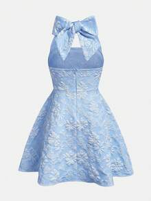 Girlism Tween Girls Blue Jacquard Halter Bow Elegant Dress - Blue - View 2
