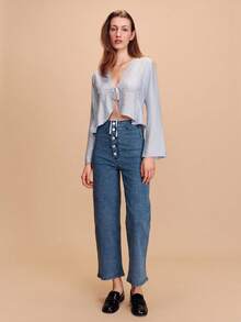 lacRébo Sky Blue Tie Front Blouse With Lace Inset Details Boho Cute Spring Summer Vacation French Style Parisian Style - Blue - View 6